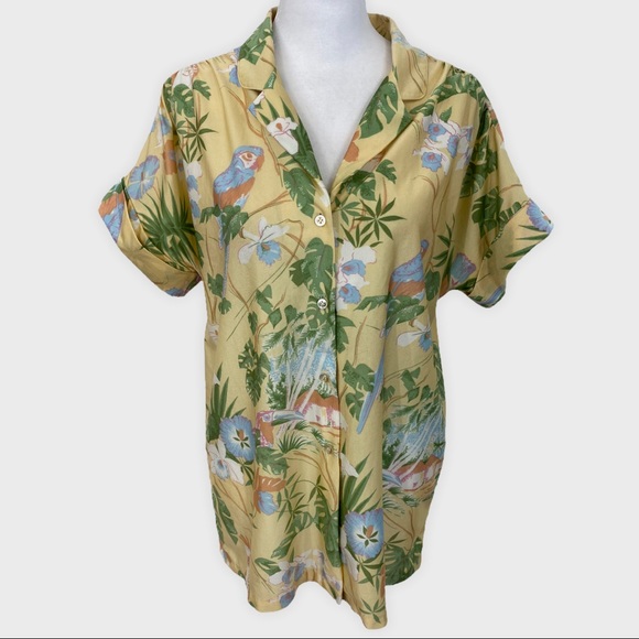 Vintage Pale Yellow Bird Palm Tree Hawaiian Coconut Girl Button Down - Picture 9 of 9